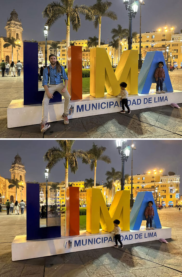 Man sitting and children playing near large colorful Lima letters in a public square at night with unexpected photo edit results.