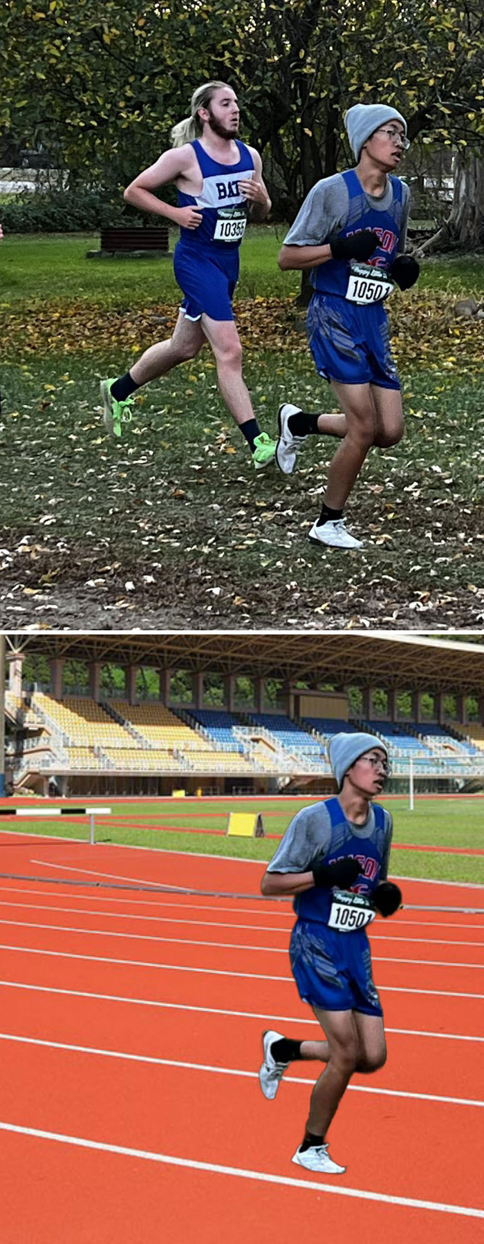 Two runners in blue uniforms at different race tracks showing unexpected photo edit results.