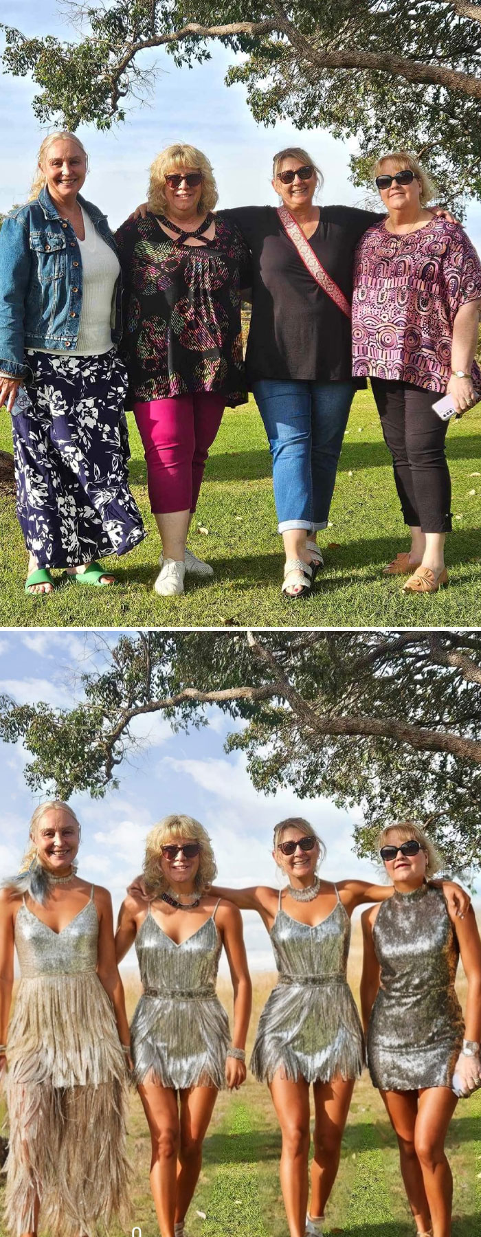 Four women posing under a tree before and after hilarious and unexpected photo edits with dresses and accessories transformed.