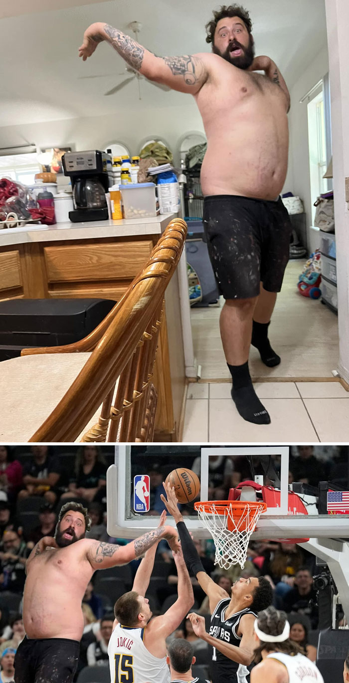 Man with tattoos edited into an NBA basketball game, highlighting funny and unexpected photo edits.