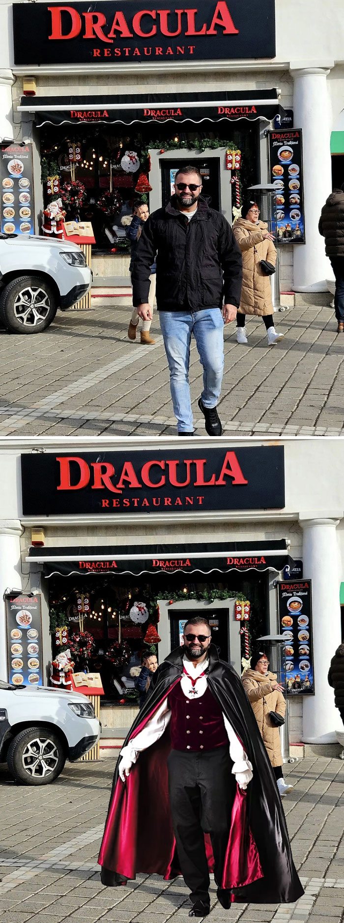 Man standing outside Dracula Restaurant before and after a hilarious unexpected photo edit as a vampire character.