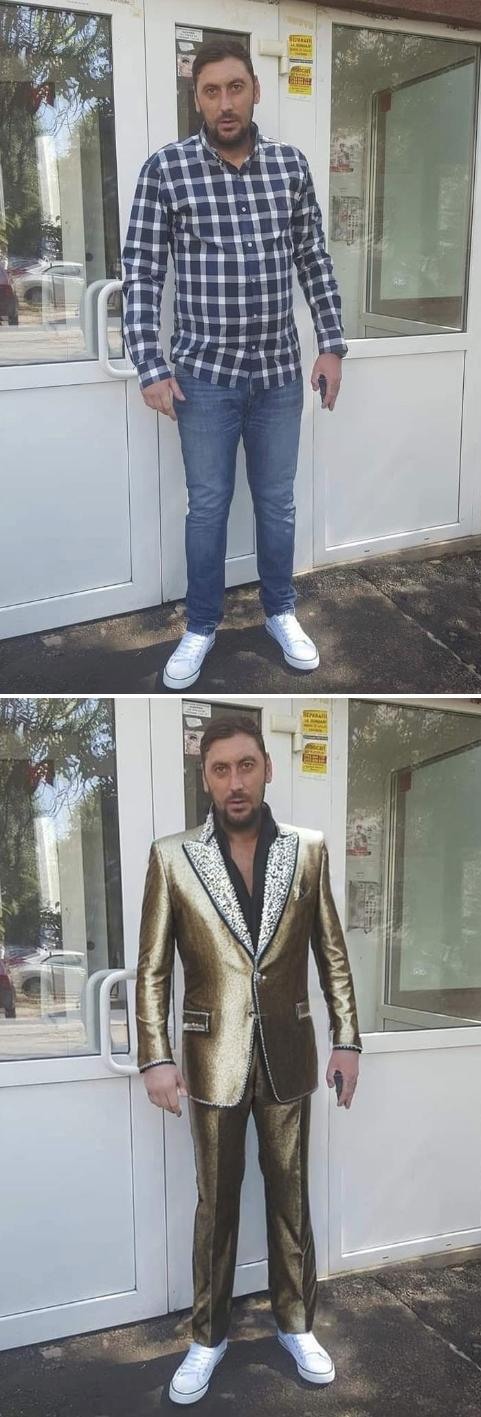 Man posing for photo edited with a hilariously unexpected gold suit instead of casual jeans and checkered shirt.