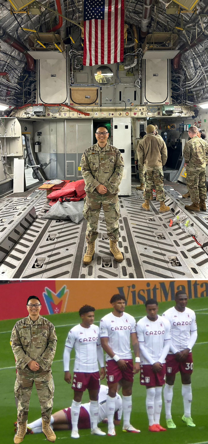 Man in military uniform humorously edited into a soccer match lineup, showcasing unexpected photo edits and funny results.