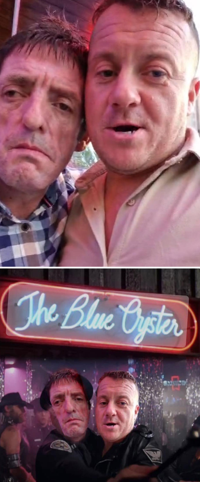 Two men posing for selfies with hilariously unexpected photo edits in front of The Blue Oyster bar scene.