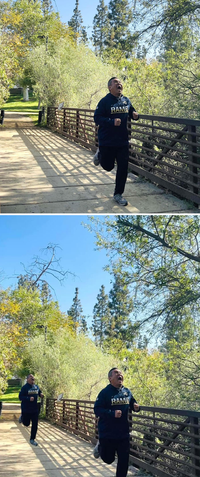 Man running on a bridge with duplicated image effect, illustrating funny and unexpected photo edits results outdoors.
