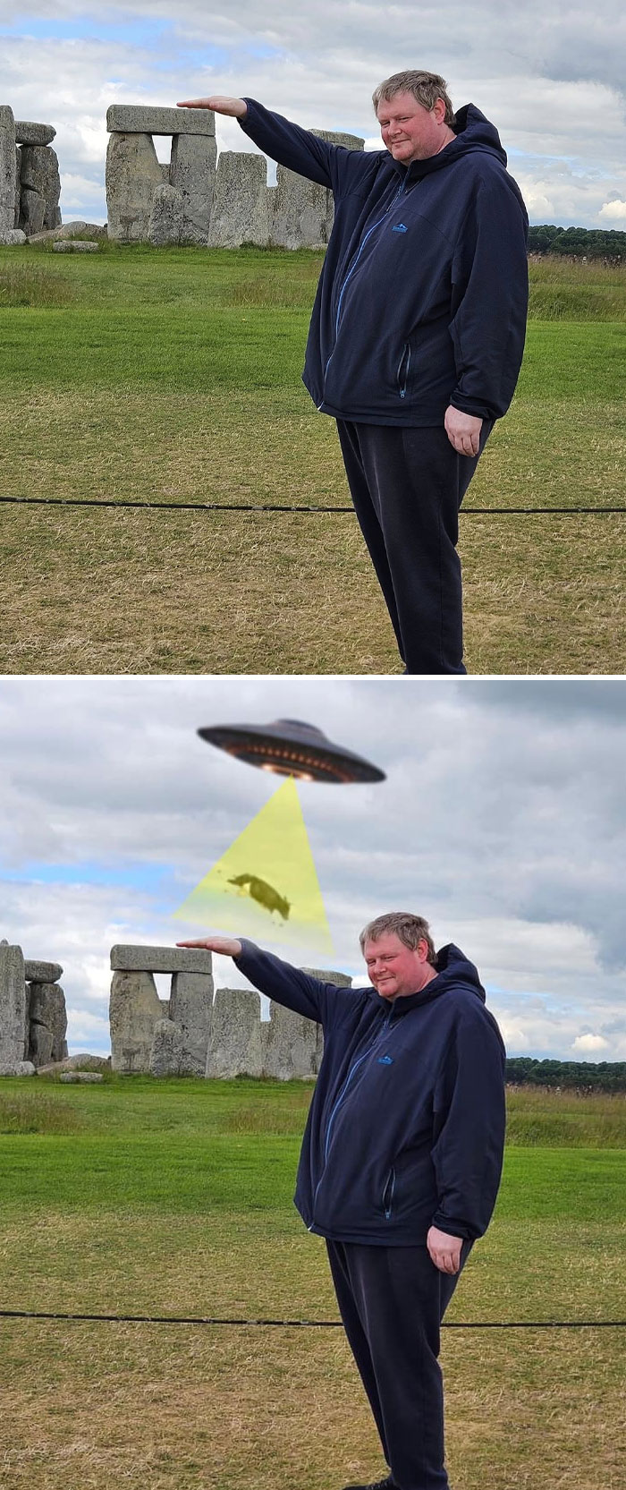 Man posing at Stonehenge with a UFO photo edit showing a cow abducted by alien beam in a hilarious unexpected result.