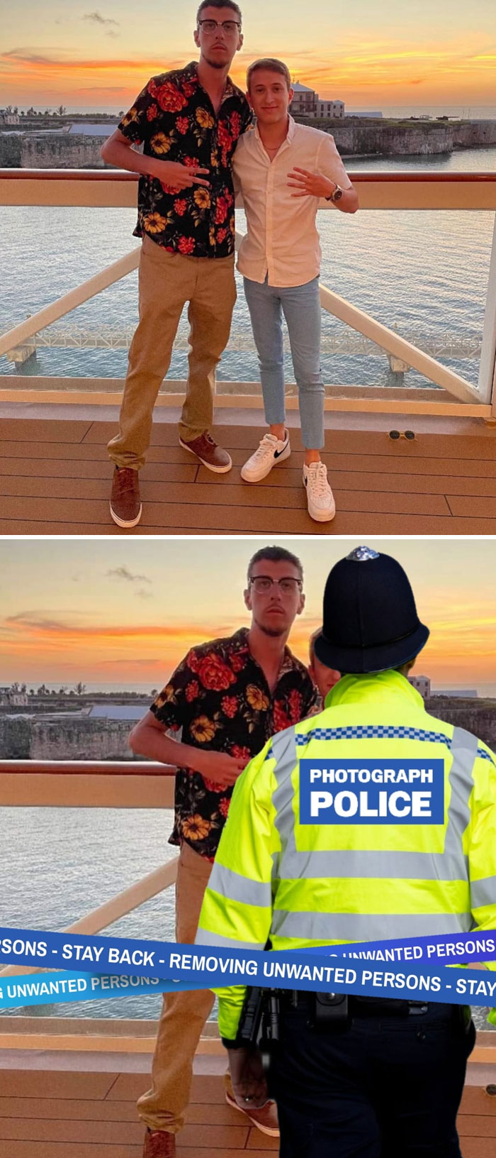 Two men posing by the water at sunset with a humorous photo edit adding a police officer removing unwanted persons.