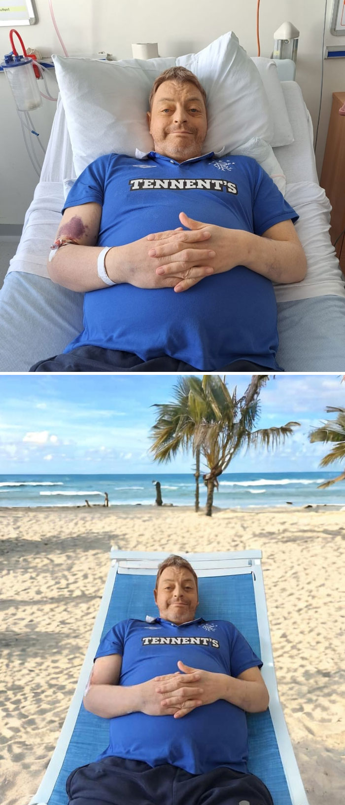 Man in hospital bed edited to appear relaxing on beach lounge in funny photo edits with unexpected results