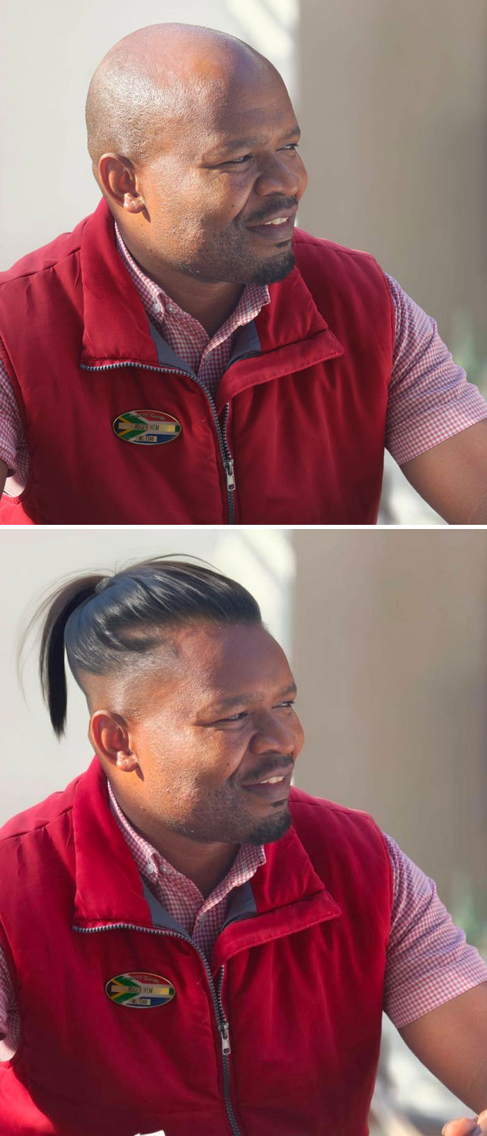 Man in red vest before and after photo edit with hilariously unexpected hair results for photo edits keyword.