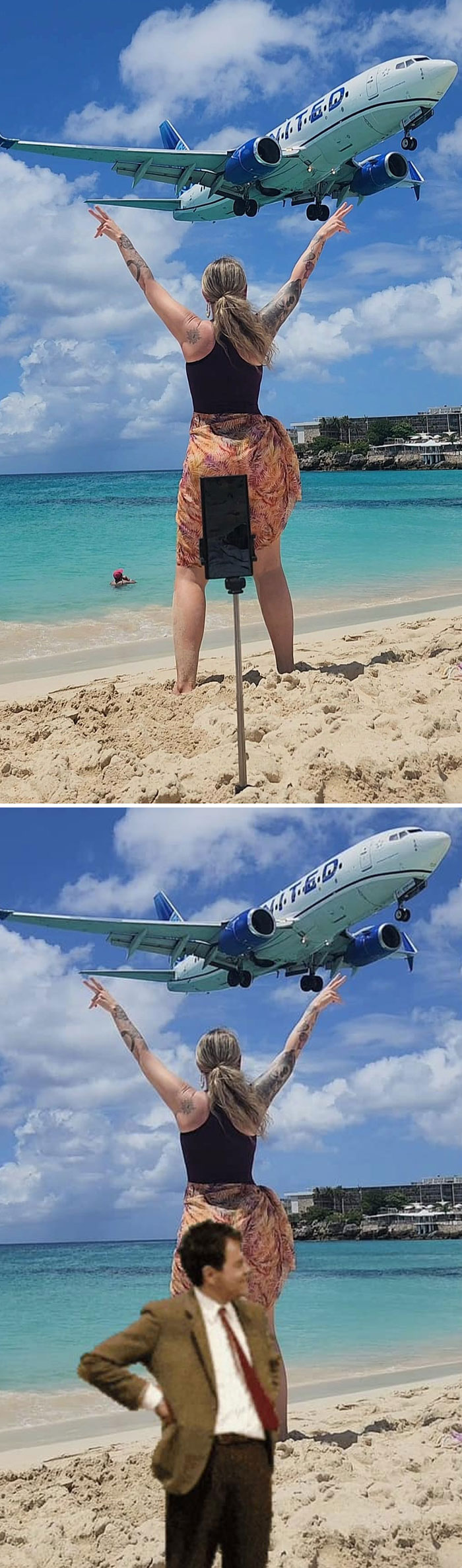 Woman on beach posing under a plane with a humorous photo edit of a man added in the foreground, highlighting unexpected photo edits.