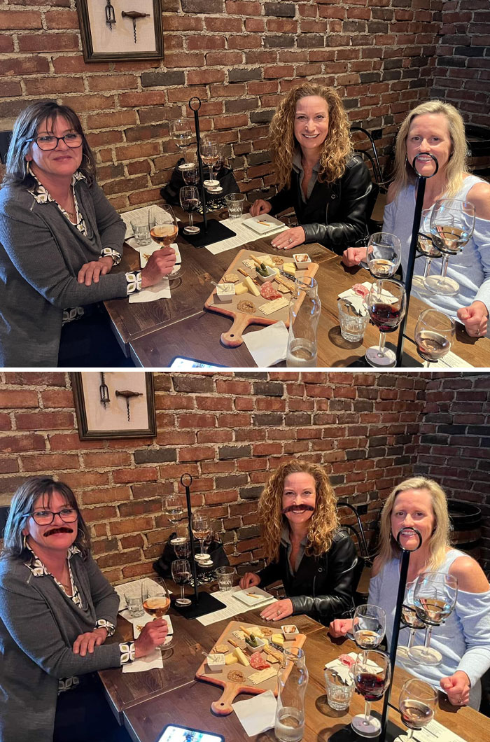 Three women enjoying wine and snacks at a table before and after hilarious unexpected photo edits.