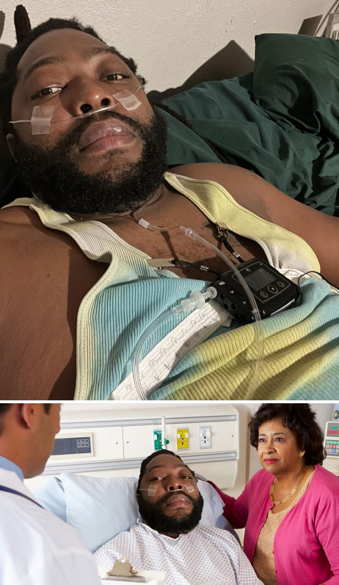 Man with medical tubing in hospital bed with doctor and visitor, illustrating unexpected photo edits and humorous results