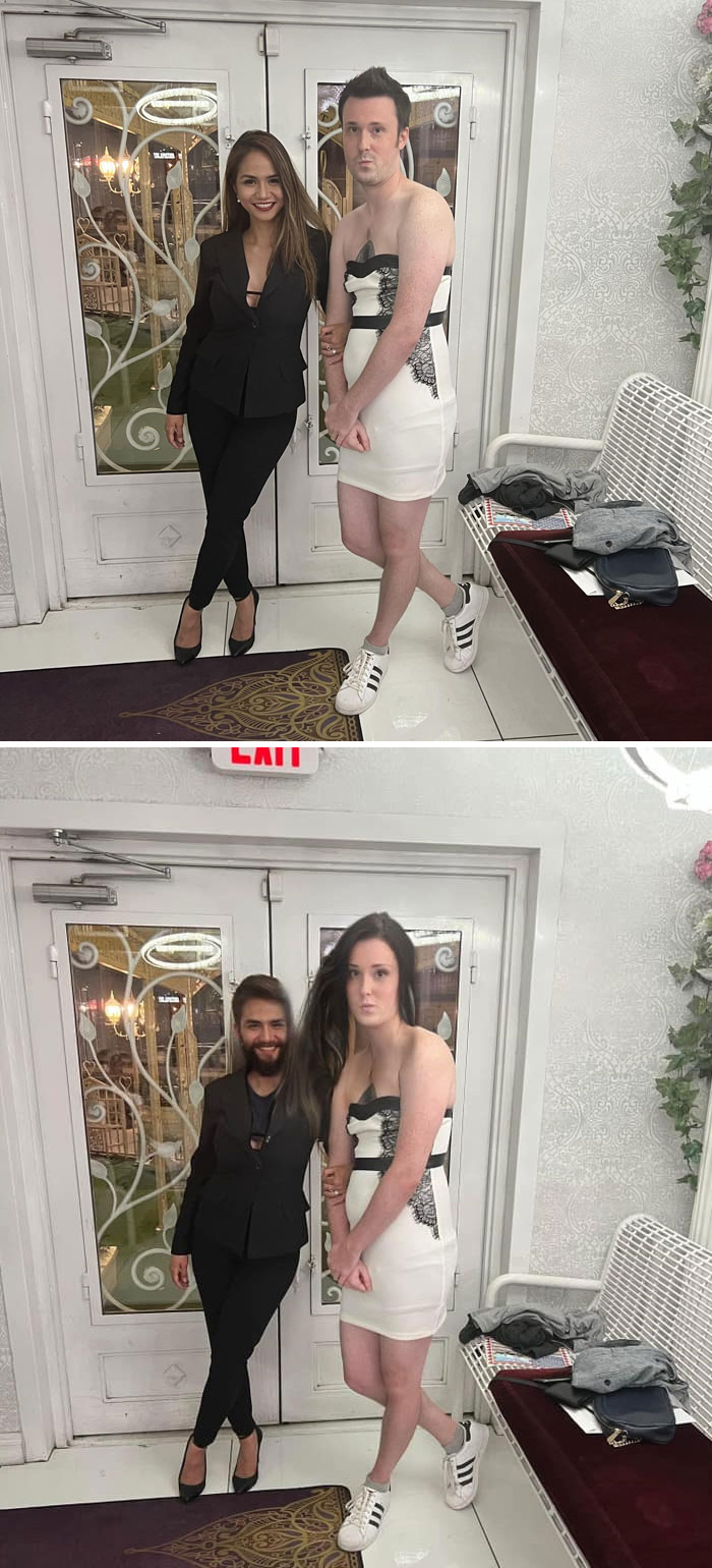 Two people posing indoors with one wearing a dress and the other in a suit, showcasing hilarious photo edits results.