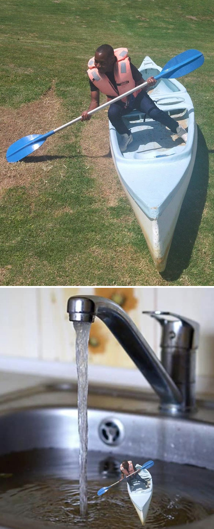 Man paddling a kayak on grass in original and edited photo with hilarious unexpected photo edits.