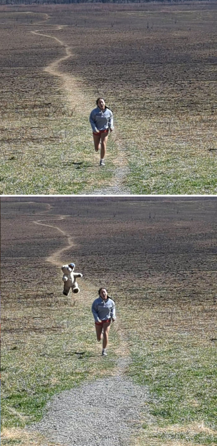 Woman running on a trail in a field, with a hilariously unexpected photo edit adding a flying teddy bear behind her.