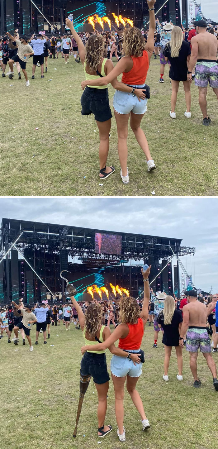 Two women at a music festival with one edited to have a pirate hook leg showing unexpected photo edits results.