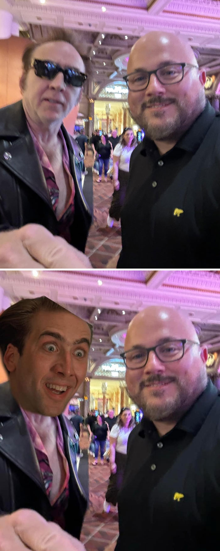 Man taking a selfie with a celebrity, then edited to show a hilariously unexpected photo edit result.