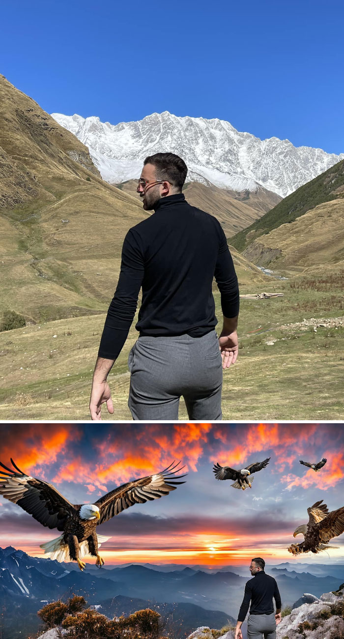 Man in black shirt and gray pants in a mountain landscape transformed with unexpected photo edits featuring multiple eagles.