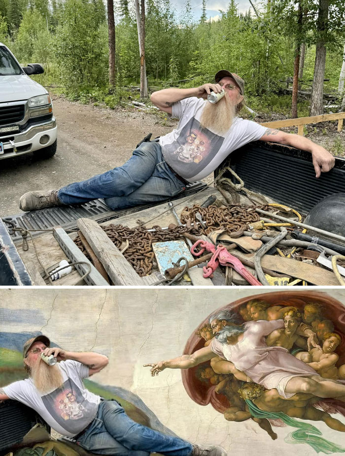 Man with long beard drinking from can in truck bed before and after hilarious unexpected photo edit with famous painting.
