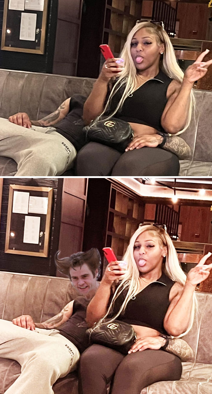 Woman posing for a selfie with a humorous unexpected photo edit replacing the man’s head behind her with a funny face.