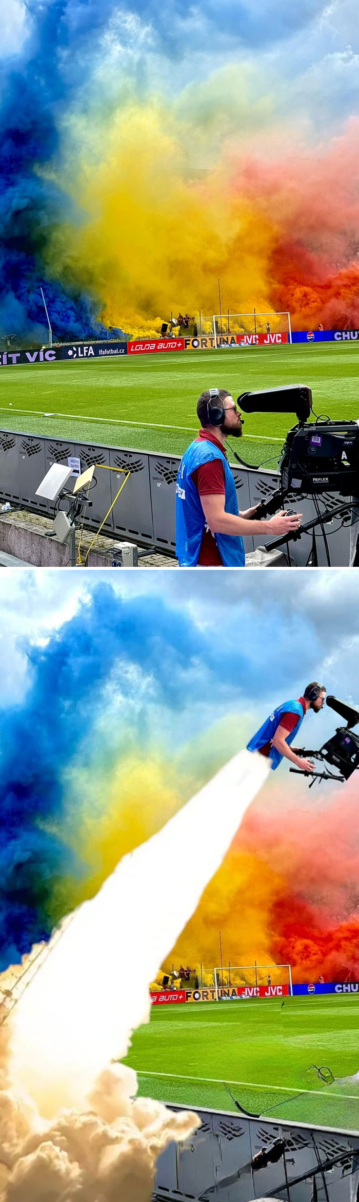 Man filming a soccer match with colorful smoke in background, edited photo showing unexpected rocket launch effect.