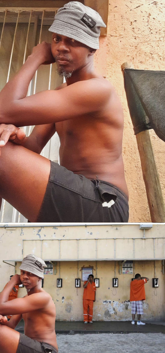 Man in a bucket hat posing shirtless with a humorous unexpected photo edit showing a prison phone scene background.