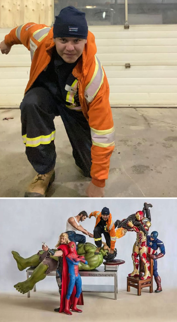 Man in workwear humorously edited into Avengers group photo, showcasing unexpected photo edits and hilarious results.