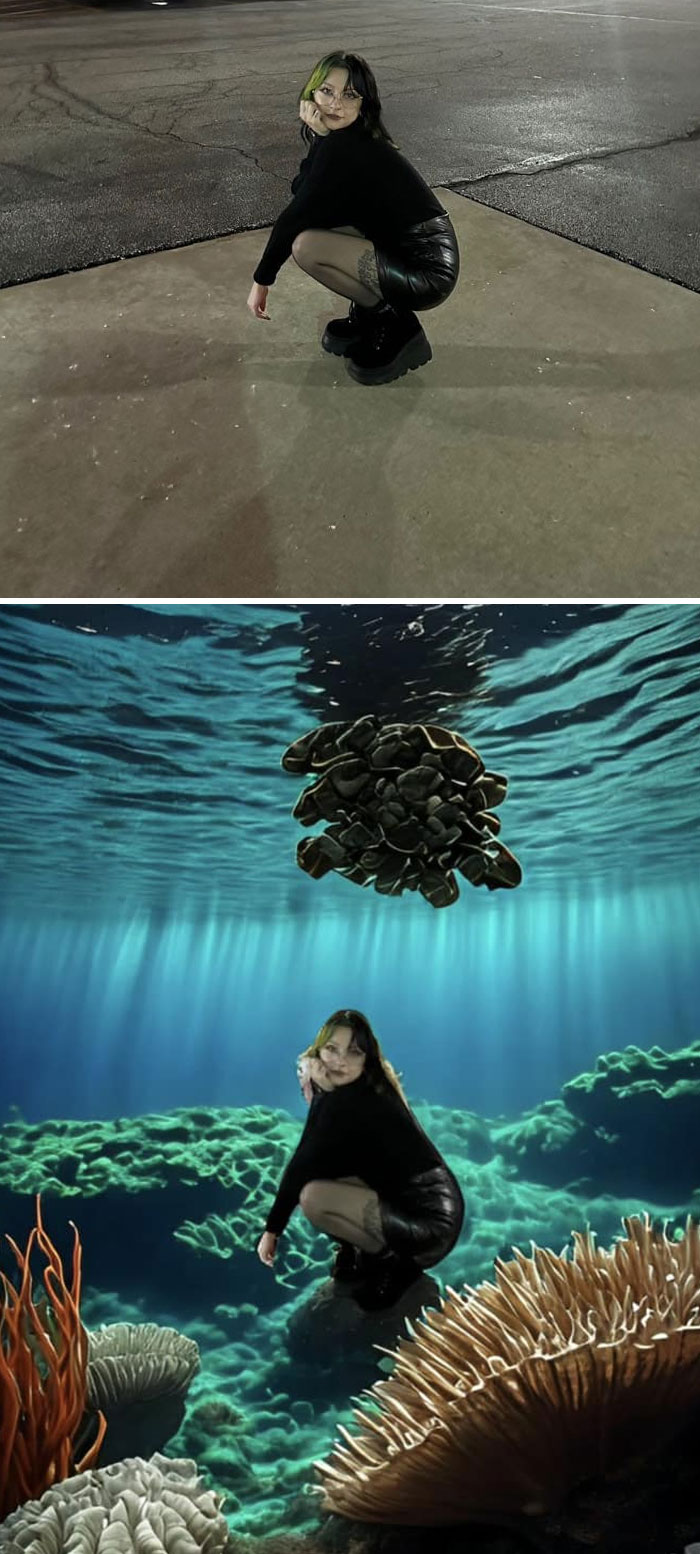 Woman squatting outdoors edited underwater among coral, showcasing funny unexpected photo edits and creative effects.
