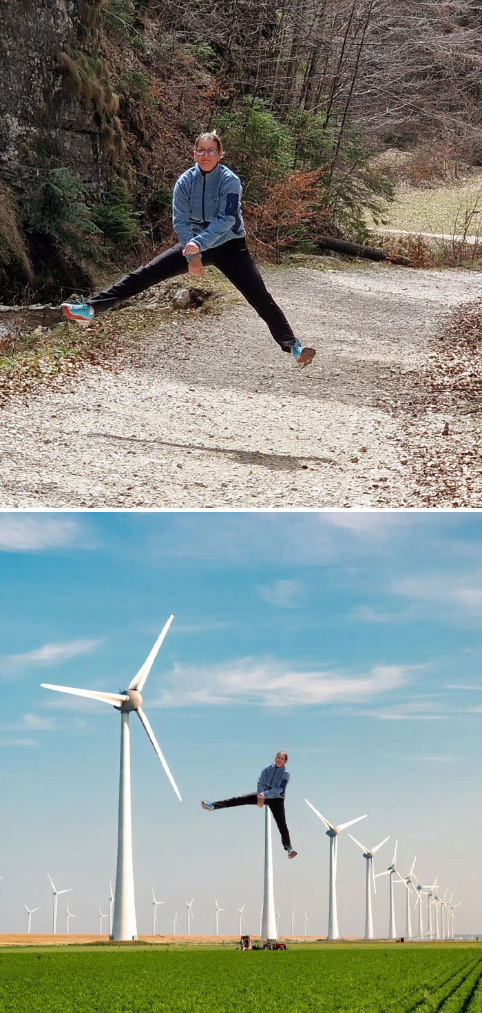 Person jumping outdoors edited humorously to appear sitting on a giant wind turbine among a field of windmills.