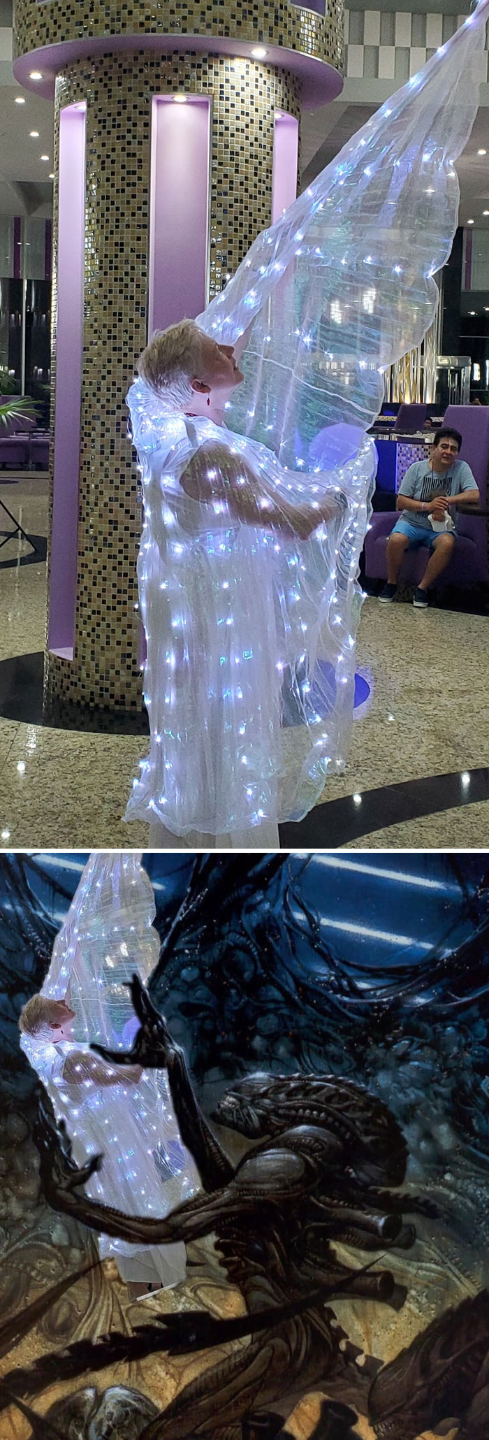 Person dressed in glowing fairy costume edited into a sci-fi alien scene for hilariously unexpected photo results.