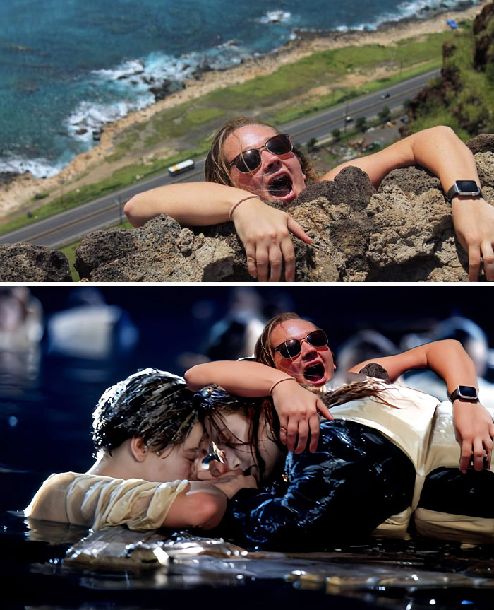 Person hanging from cliff in original photo edited humorously into Titanic scene, showcasing unexpected photo edit results.
