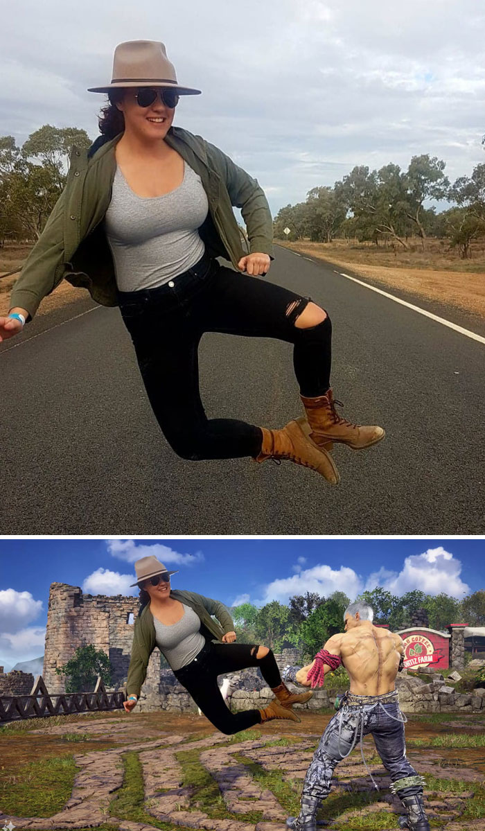 Woman jumping on road, wearing hat and boots, edited into a video game fight scene with unexpected photo edits results.
