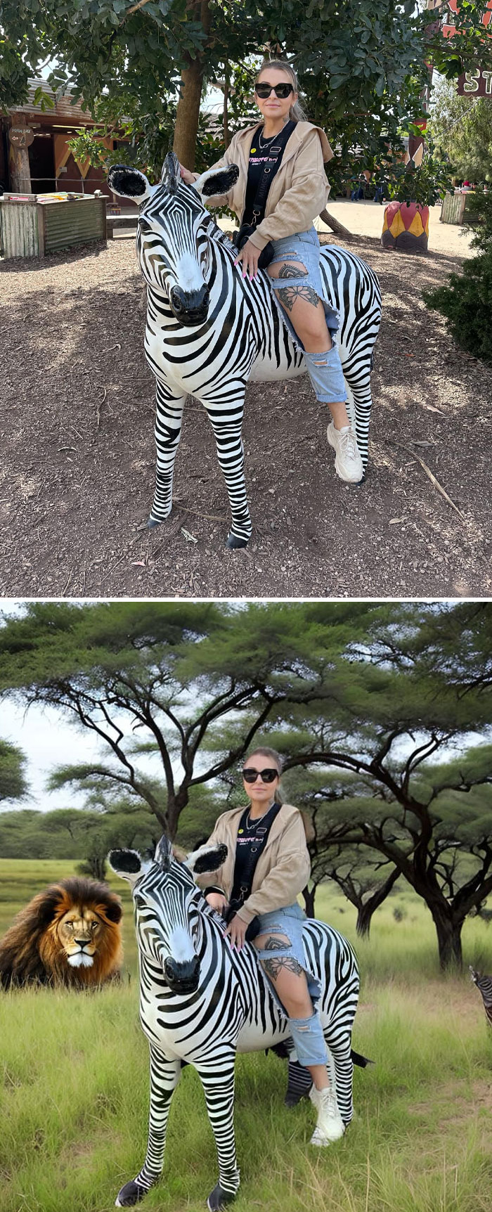 Woman posing on a zebra with hilarious unexpected photo edits, changing background from a park to a wild savanna with a lion.