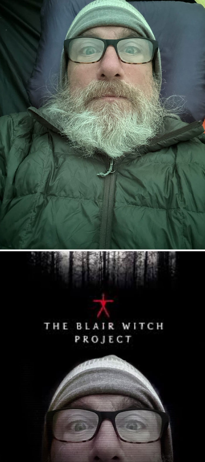 Man with glasses and gray beard edited into Blair Witch Project poster in a photo edit with unexpected results