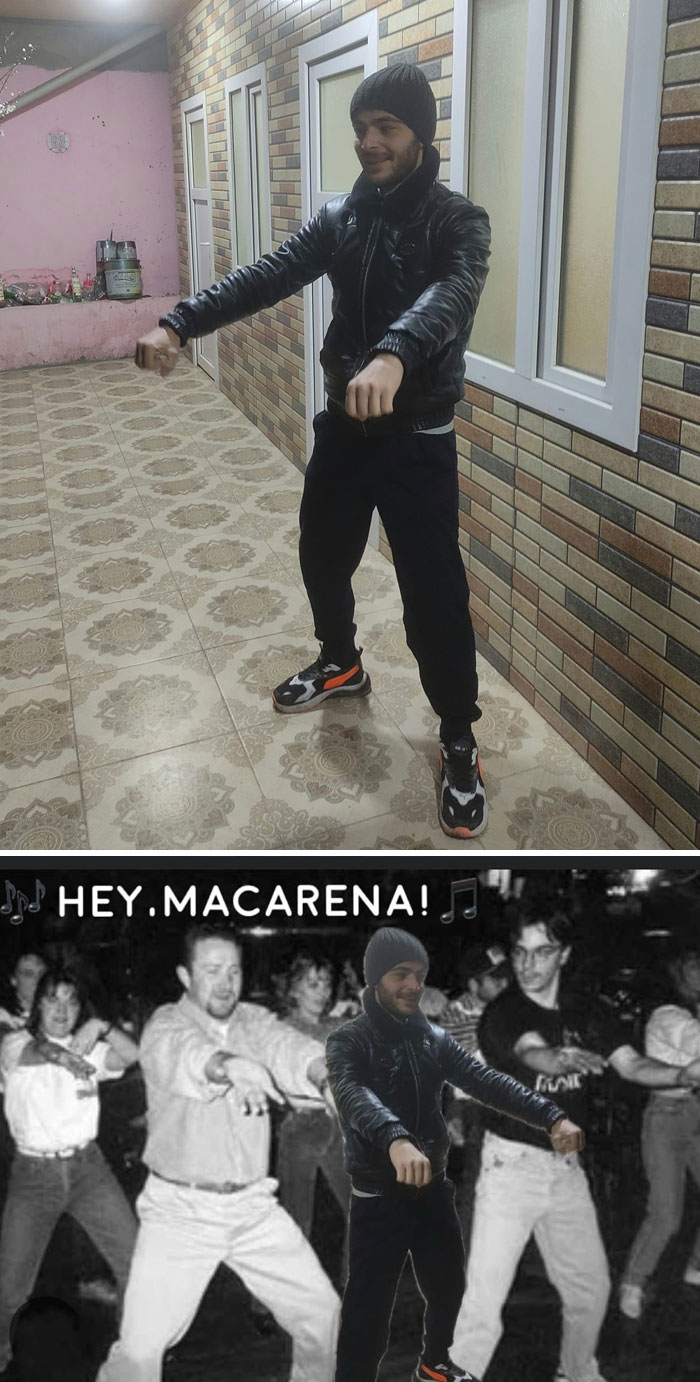 Man posing in black jacket and beanie with funny photo edit joining a group dance scene for unexpected photo edits results