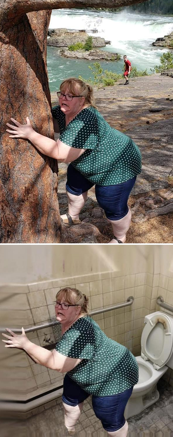 Woman in green polka dot shirt edited from outdoors by a tree to an unexpected bathroom scene in funny photo edit fails.