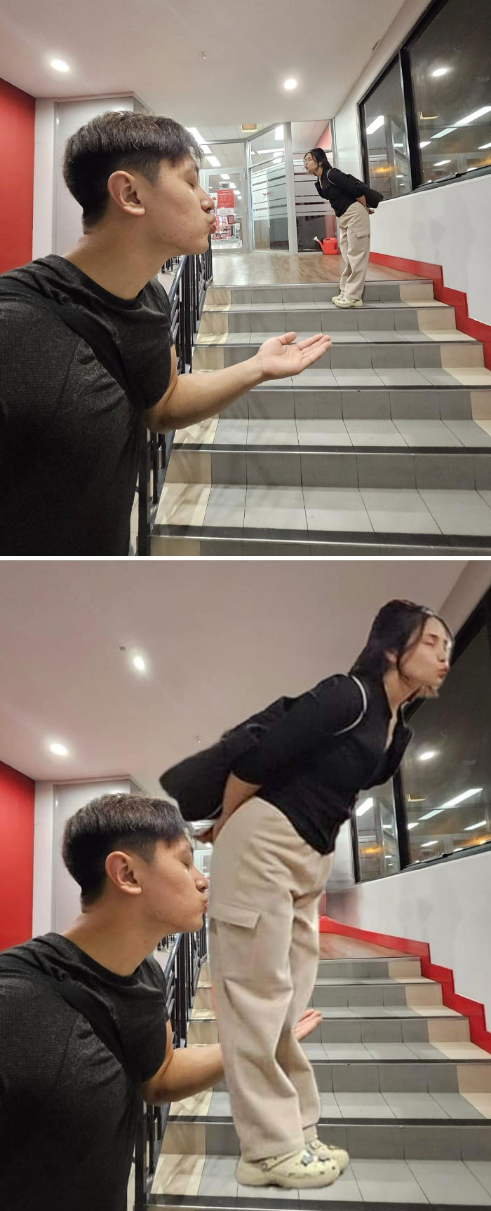 Man and woman posing for a photo edit fail with unexpected results showing distorted perspective on stairs.