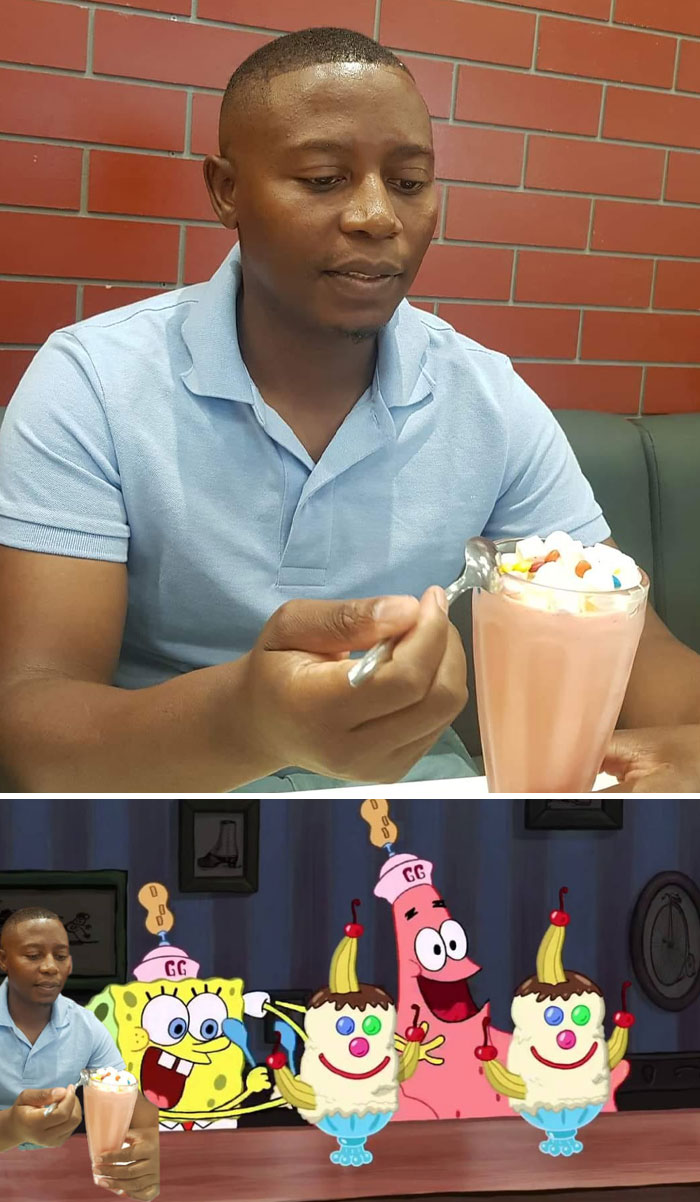 Man with milkshake edited into a SpongeBob cartoon scene, showcasing unexpected photo edit results humorously.