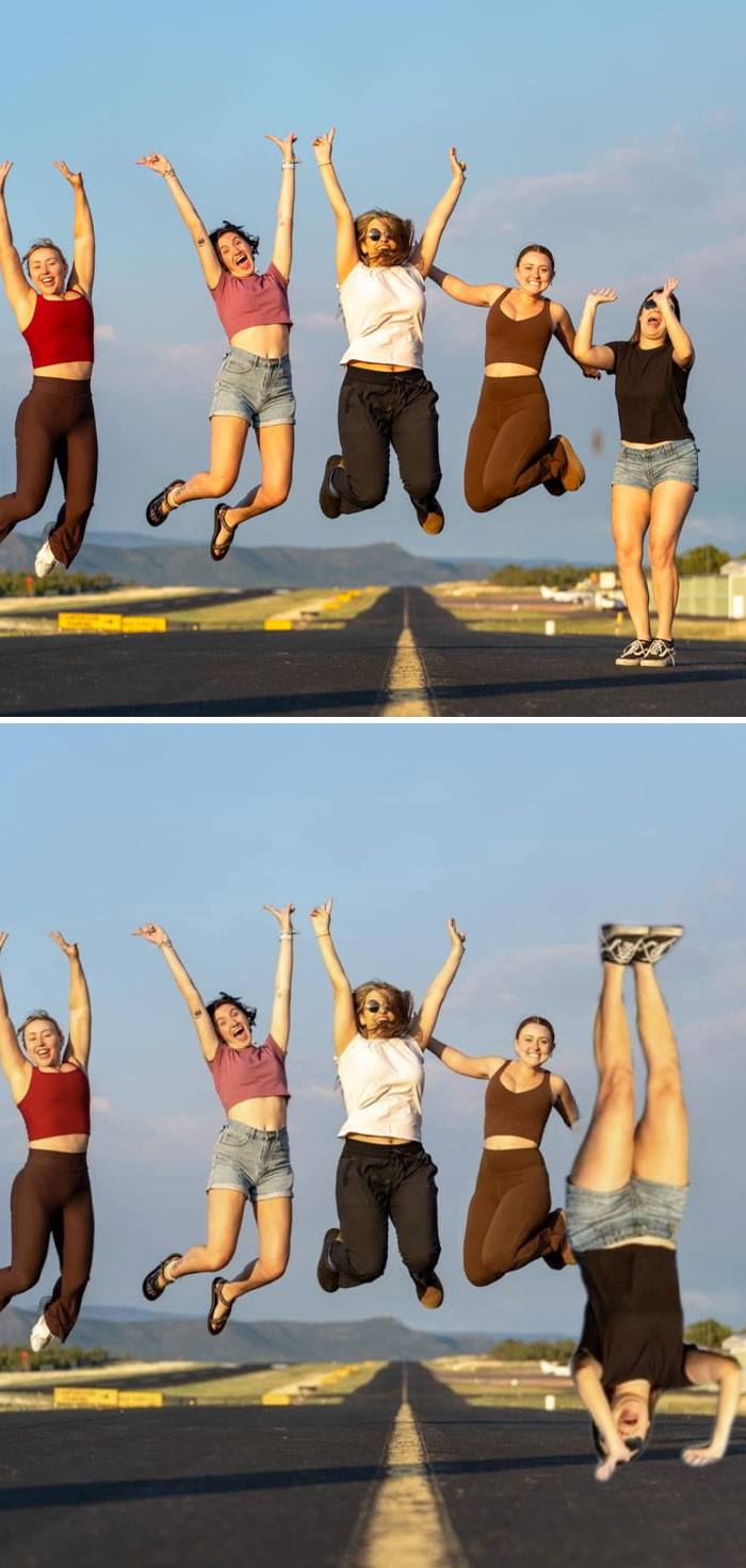Group of five women jumping on a runway in a photo edit fail showing hilariously unexpected results with one upside down.