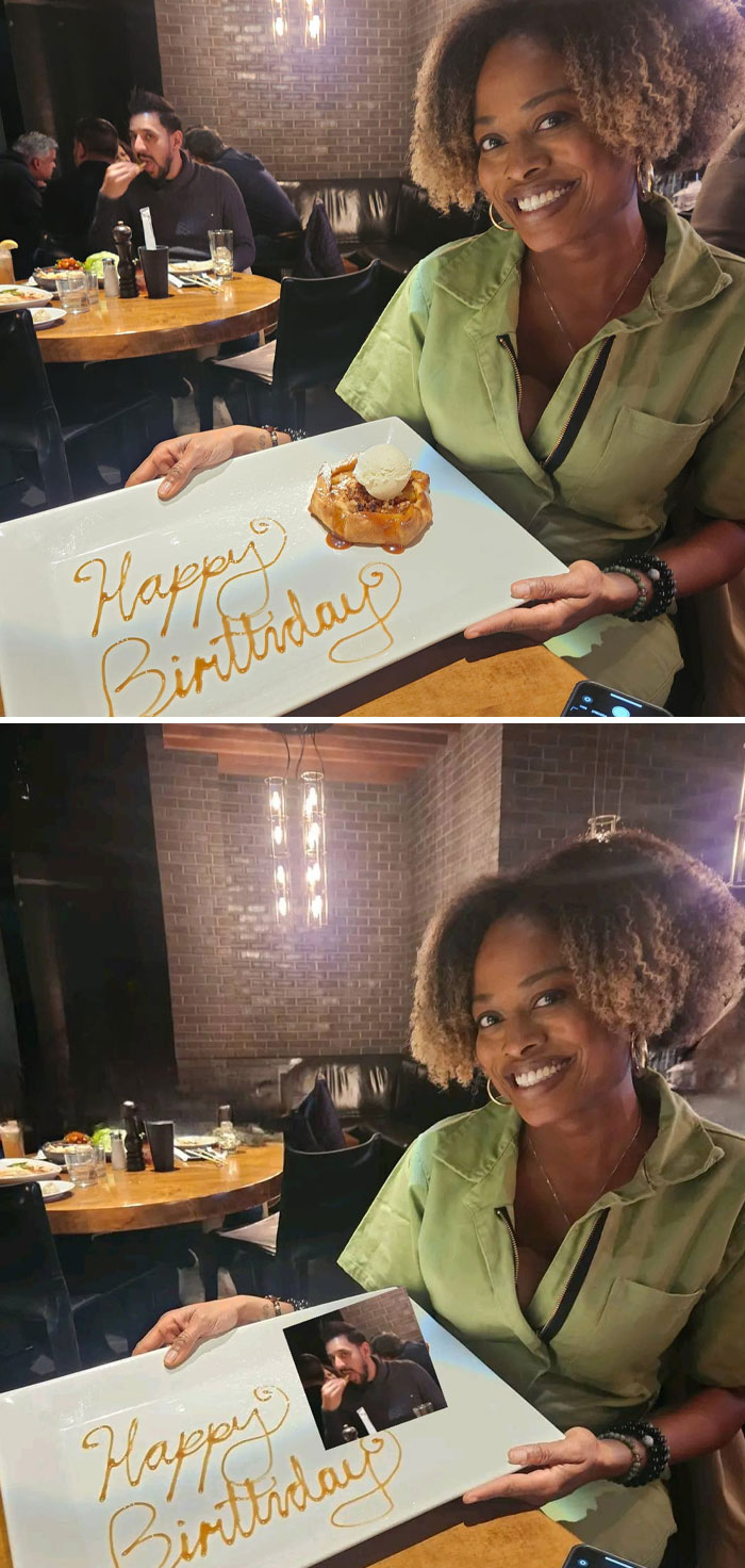 Woman holding a birthday dessert plate with a hilariously unexpected photo edit showing a man eating in the background.