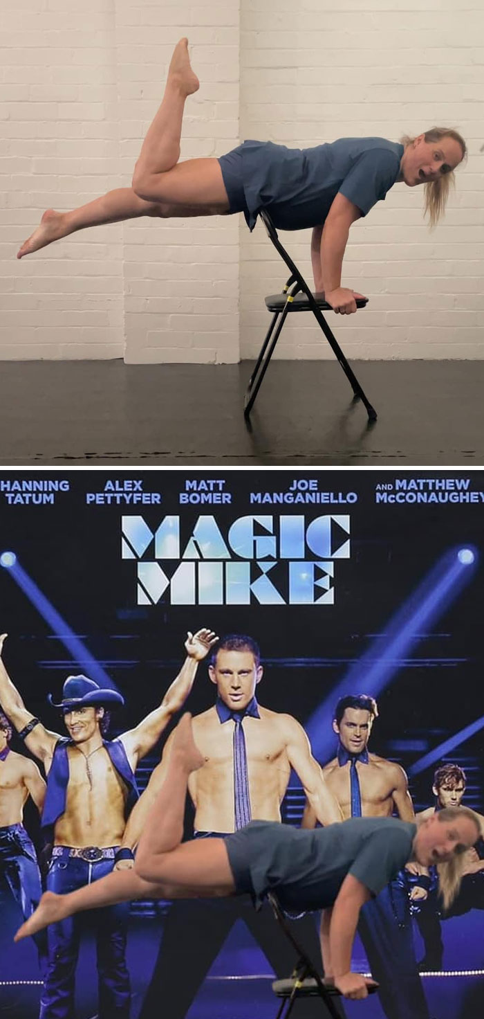 Woman humorously edited into Magic Mike poster, balancing on chair with surprised expression and one leg raised.
