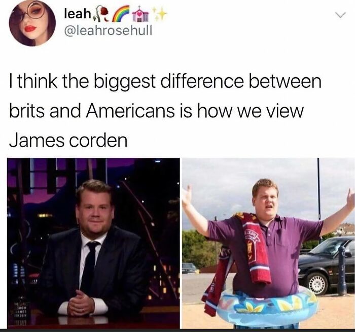 Social media post humor comparing British and American views on James Corden with two contrasting images.