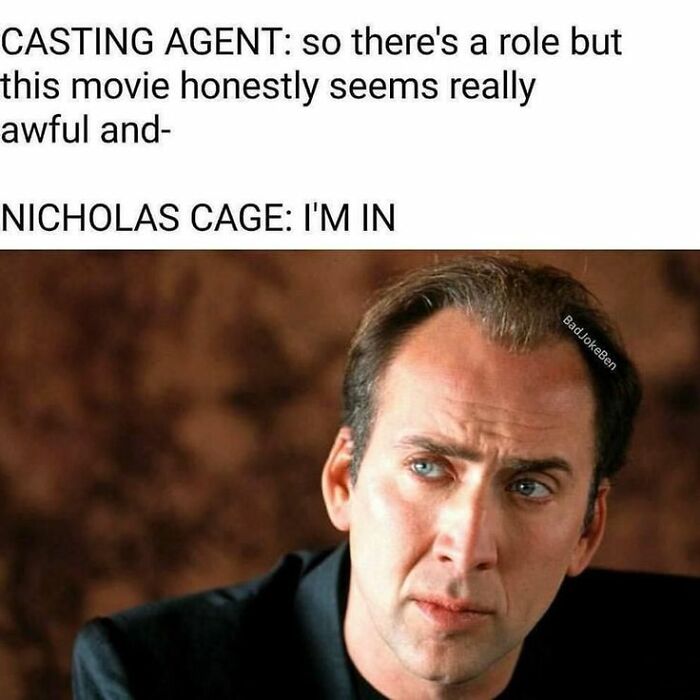 Nicholas Cage meme from Super Culture showing a casting agent hesitant and Cage eagerly accepting a bad movie role.