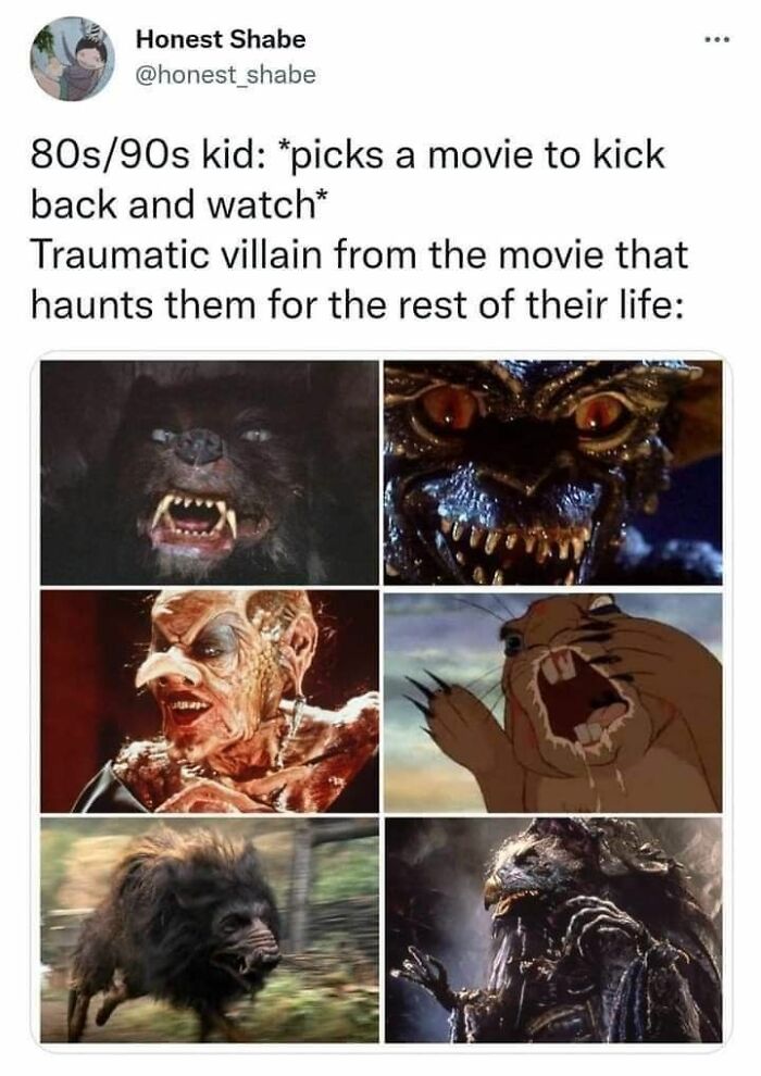 Meme collage showing traumatic movie villains from 80s and 90s kids, perfect for super culture entertaining posts and memes.