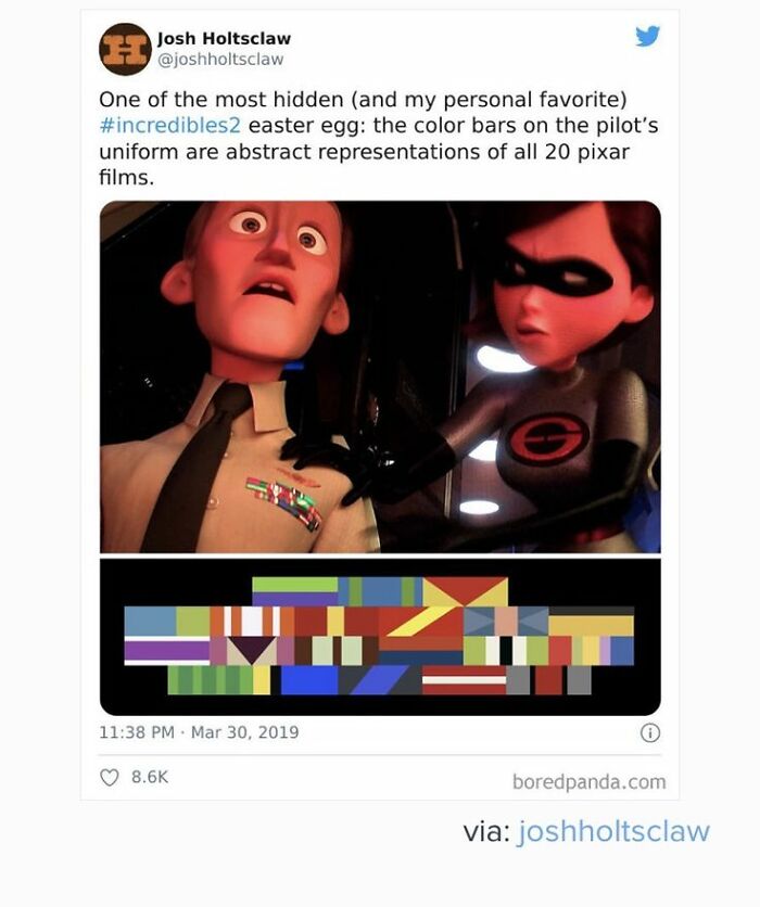 Tweet showing an Incredibles 2 Easter egg with color bars representing Pixar films, shared in super culture posts and memes.