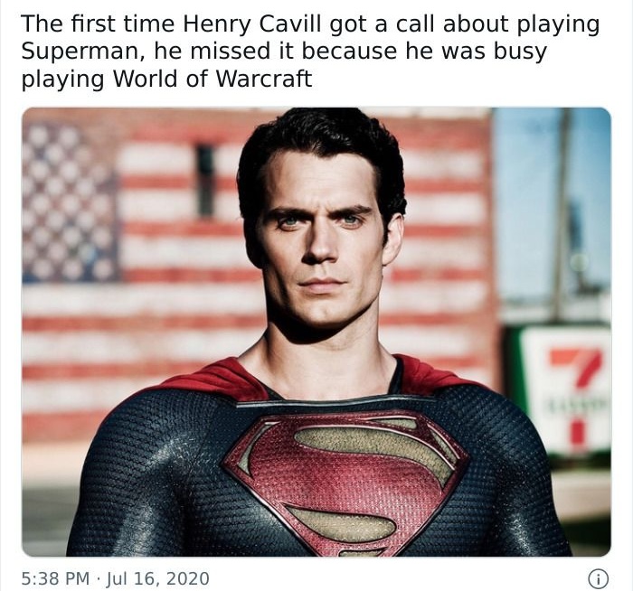Henry Cavill as Superman, serious expression, referencing gaming culture in a popular super culture meme.