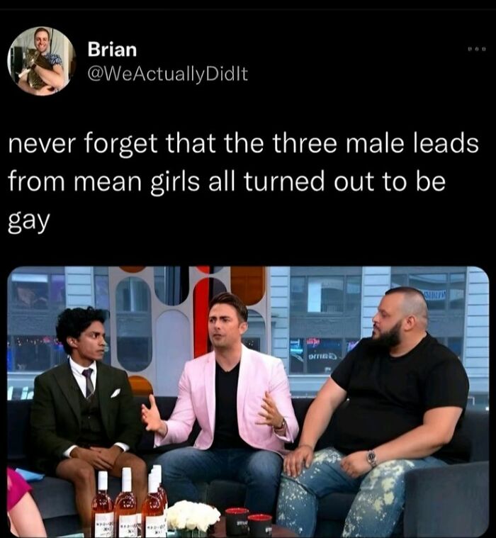 Three male leads from Mean Girls in a talk show setting, featured in a super culture entertaining meme post.