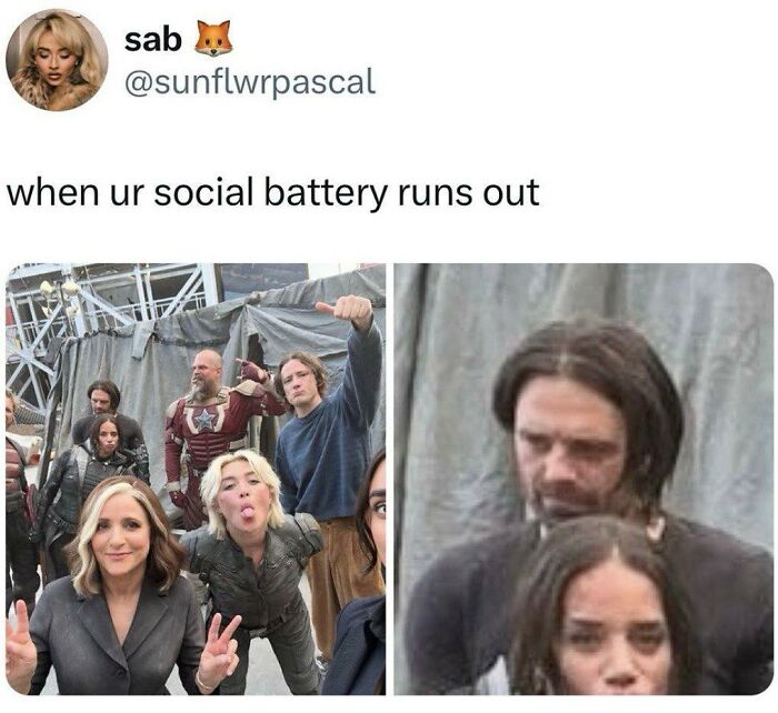 Twitter meme post showing group photo with playful poses and a tired expression, related to super culture memes.