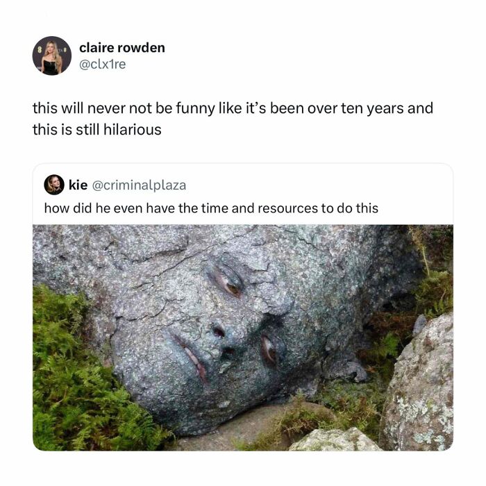 Twitter meme showing a realistic stone face sculpture blending with nature, highlighting super culture humor and creativity.
