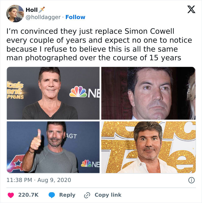 Collage of Simon Cowell photos over 15 years, illustrating entertaining super culture meme about his unchanging appearance.
